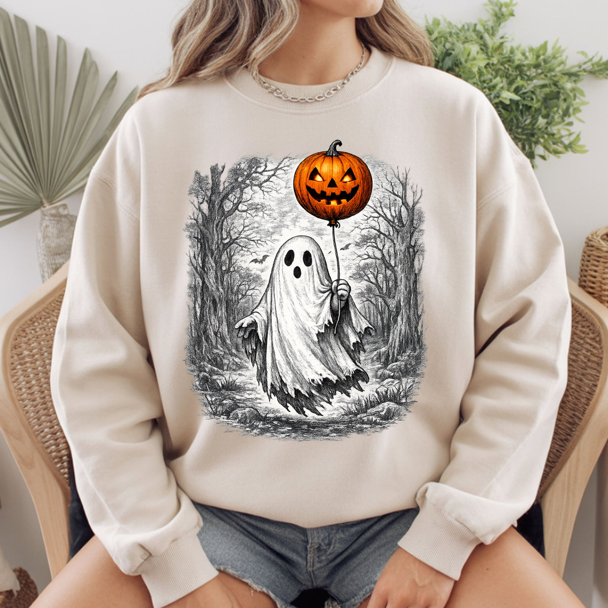 Vintage Halloween Ghost Pumpkin Balloon T-Shirt, Spooky Forest Retro Tee
