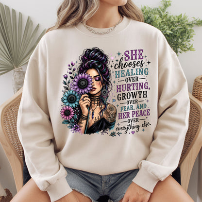 Inspirational Healing Woman She Chooses Healing Over Hurting T-Shirt, Floral Messy Bun Sunflower Tee