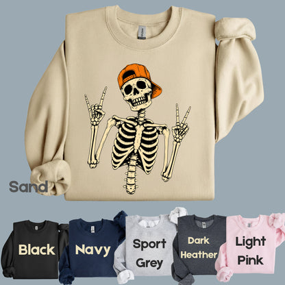 Cool Skeleton Rock On T-Shirt, Peace Sign Halloween Orange Hat Spooky Tee