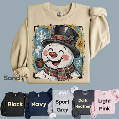 Vintage Snowman Christmas T-Shirt, Top Hat Pipe Snowflakes Scarf Comfort Color Tee