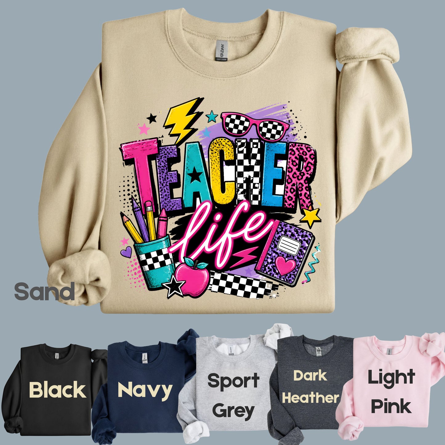 Retro Neon Teacher Life T-Shirt, Colorful Doodle Graffiti Checkerboard Sunglasses Back to School Tee