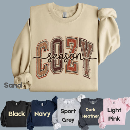 Cozy Season Fall T-Shirt, Distressed Varsity Letters Autumn Neutral Tones Tee