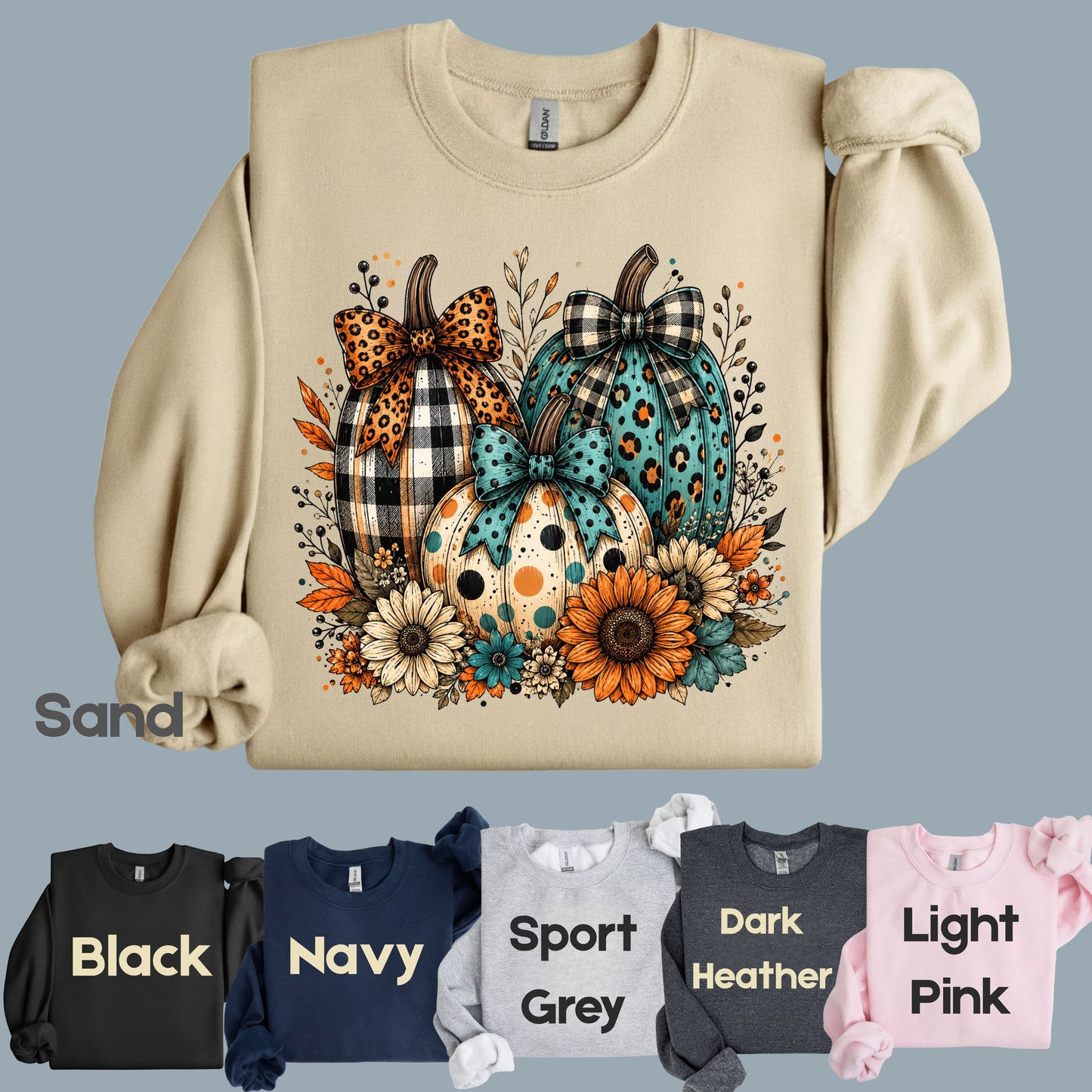 Fall Leopard Plaid Pumpkins T-Shirt, Teal Orange Floral Thanksgiving Tee