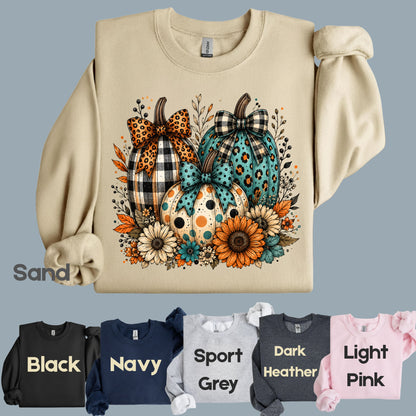 Fall Leopard Plaid Pumpkins T-Shirt, Teal Orange Floral Thanksgiving Tee