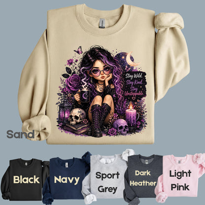 Stay Wild Stay Kind Goth Girl Skull T-Shirt, Purple Crescent Moon Witchy Tee