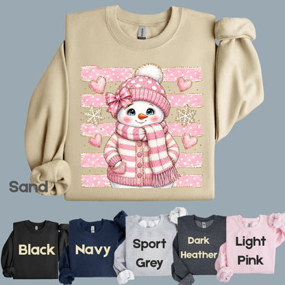 Cute Pink Snowgirl Winter T-Shirt, Snowman Beanie Bow Pink Stripes Hearts Tee