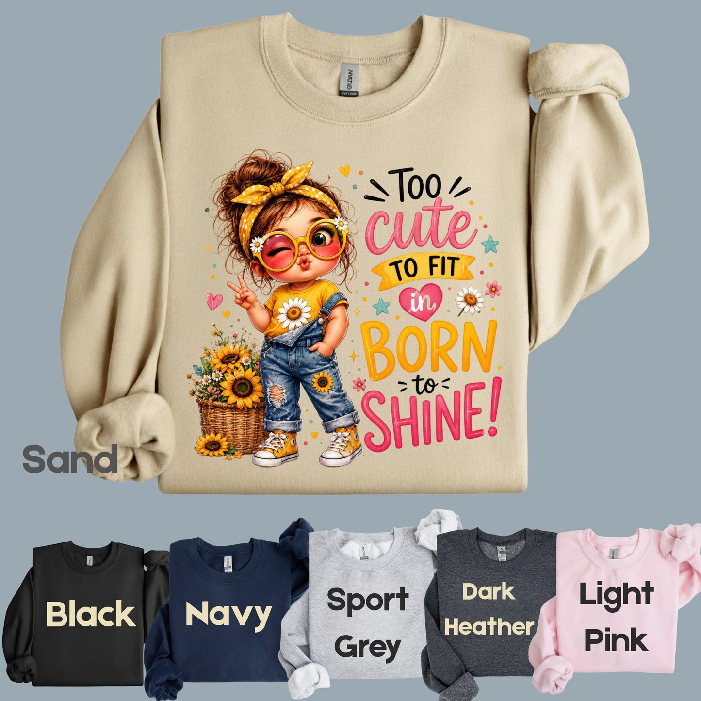 Too Cute to Fit In Born to Shine Little Girl T-Shirt, Sunflower Headband Tee