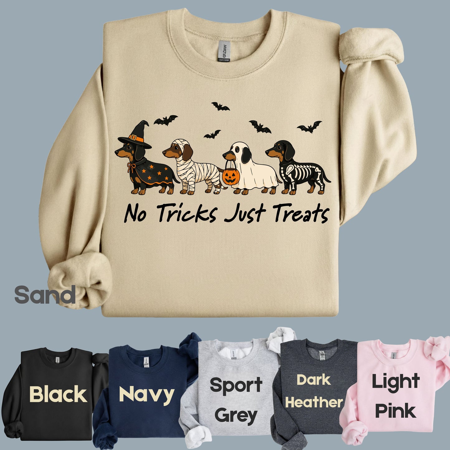Dachshund Halloween Comfort Colors T Shirts No Tricks Just Treats Costume Tee Cute Ghost Mummy Witch Skeleton Dog Shirt Spooky Wiener Dog Hoodie