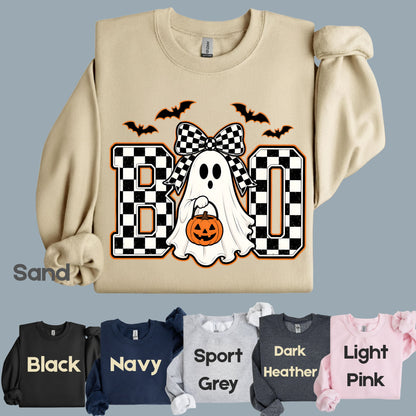 Boo Checkered Bow Ghost Halloween T-Shirt, Pumpkin Bucket Bats Retro Tee Sweatshirt