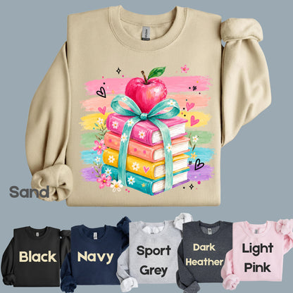 Coquette Stacked Books Teacher T-Shirt, Apple Ribbon Colorful Brushstrokes Comfort Color Tee