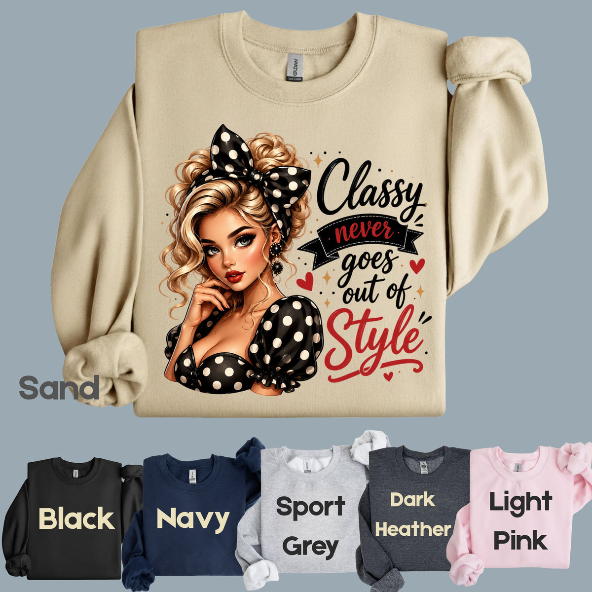 Classy Never Goes Out of Style Pinup Girl T-Shirt, Vintage Polka Dot Bow Tee Sweatshirt