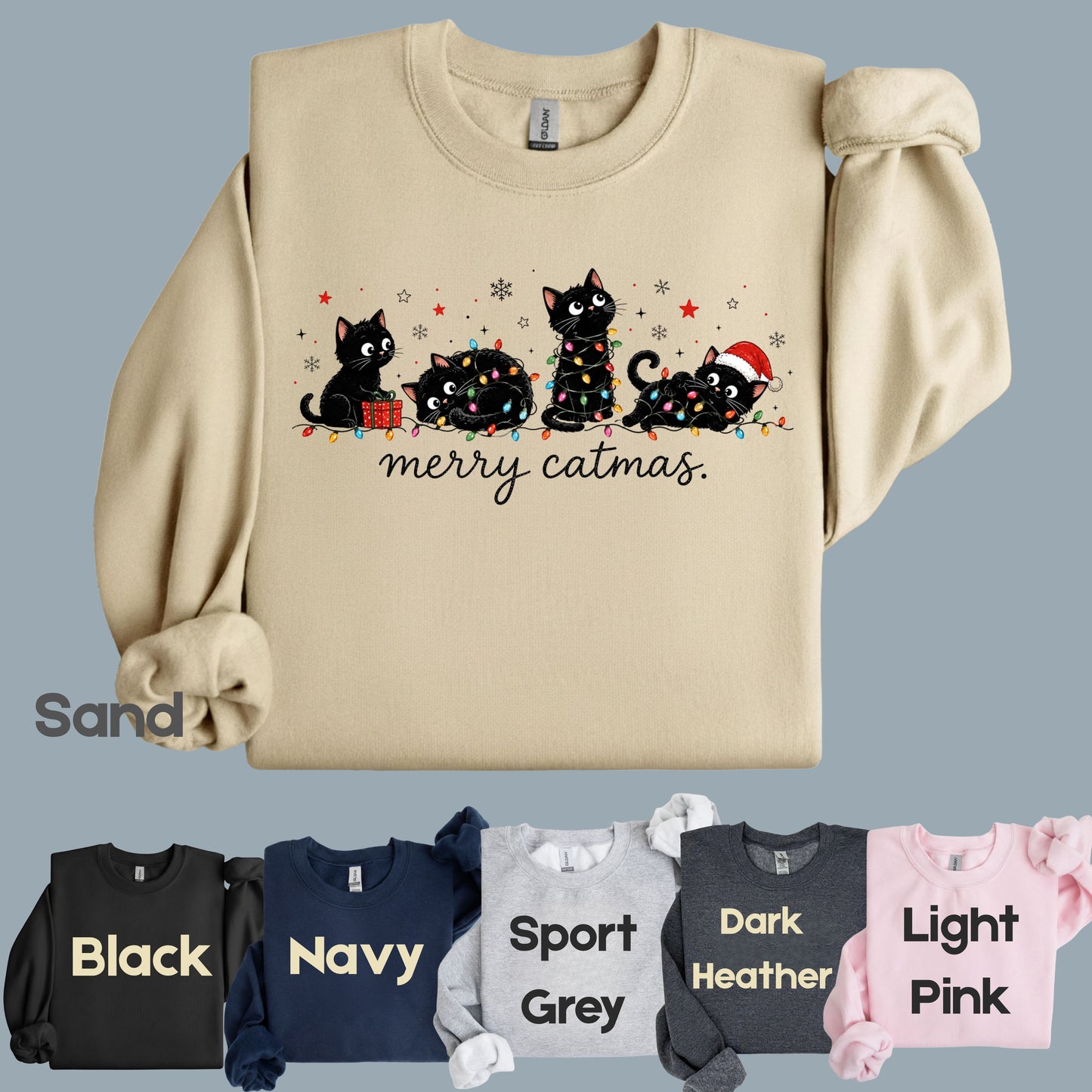 Merry Catmas Black Cats Christmas T-Shirt, Christmas Lights Black Kittens Cat Lover Tee