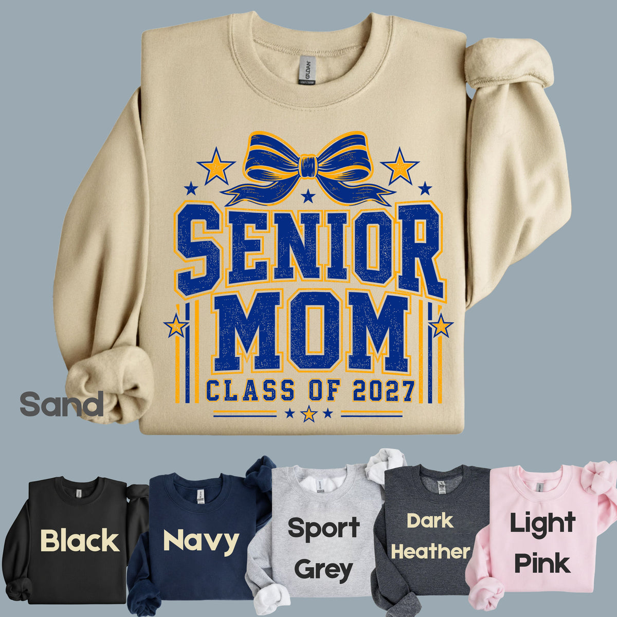 Senior Mom 2027 Royal Blue Yellow Cheer Bow T-Shirt, Varsity Graduation Mother Tee
