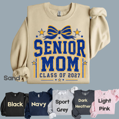 Senior Mom 2027 Royal Blue Yellow Cheer Bow T-Shirt, Varsity Graduation Mother Tee