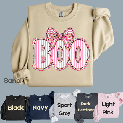 Boo Coquette Pink Bow Halloween T-Shirt, Striped Ribbon Cute Spooky Season Tee