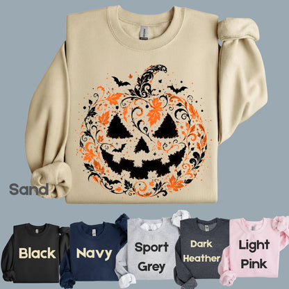 Halloween Pumpkin Face Floral Swirl Gothic T-Shirt, Intricate Spooky Pumpkin Tee