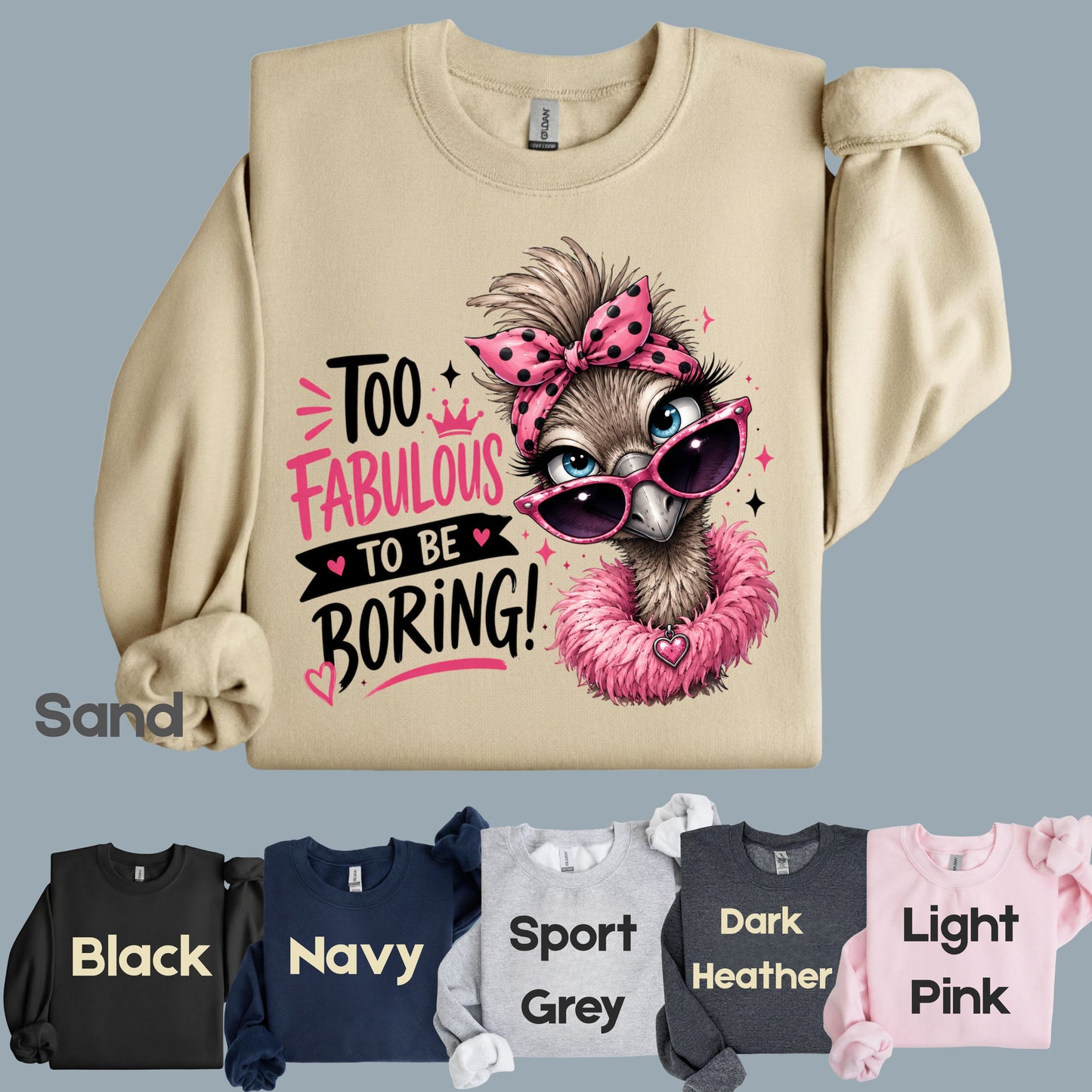 Funny Ostrich Too Fabulous to Be Boring T-Shirt, Sassy Emu Pink Bow Sunglasses Feather Boa Tee