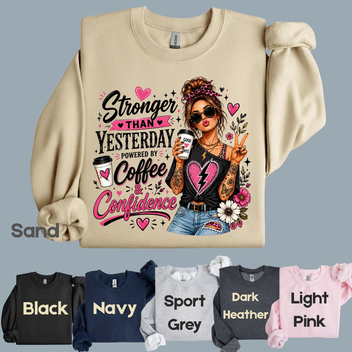 Stronger Than Yesterday Messy Bun Coffee Girl T-Shirt, Pink Hearts Inspirational Tee