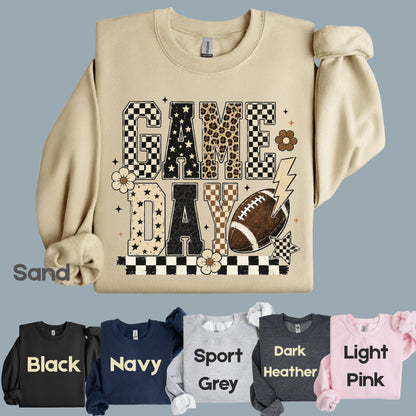 Game Day Leopard Football T-Shirt, Checkered Lightning Bolt Retro Western Tee Sweatshirt