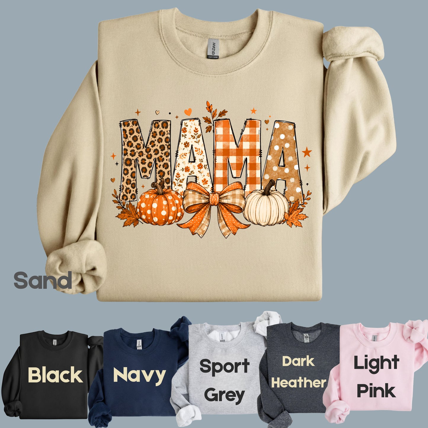 Fall Mama Pumpkin Leopard Plaid T-Shirt, Varsity Letters Autumn Leaves Bow Thanksgiving Mom Tee
