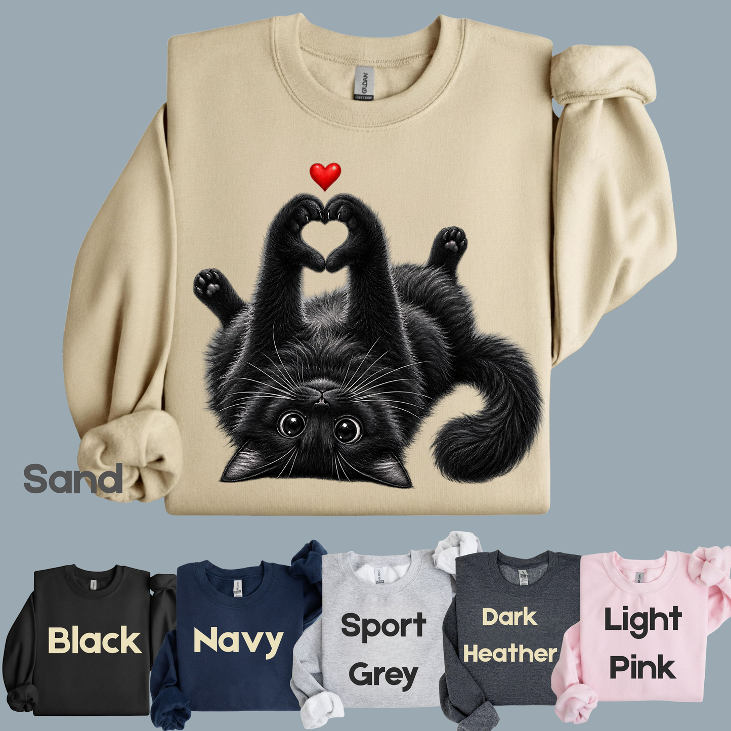 Black Cat Heart Hands T-Shirt, Cute Kitty Kitten Lover Heart Paws Love Tee
