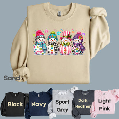 Christmas Colorful Snowmen T-Shirt, Cute Winter Snowman Beanies Scarves Holiday Tee