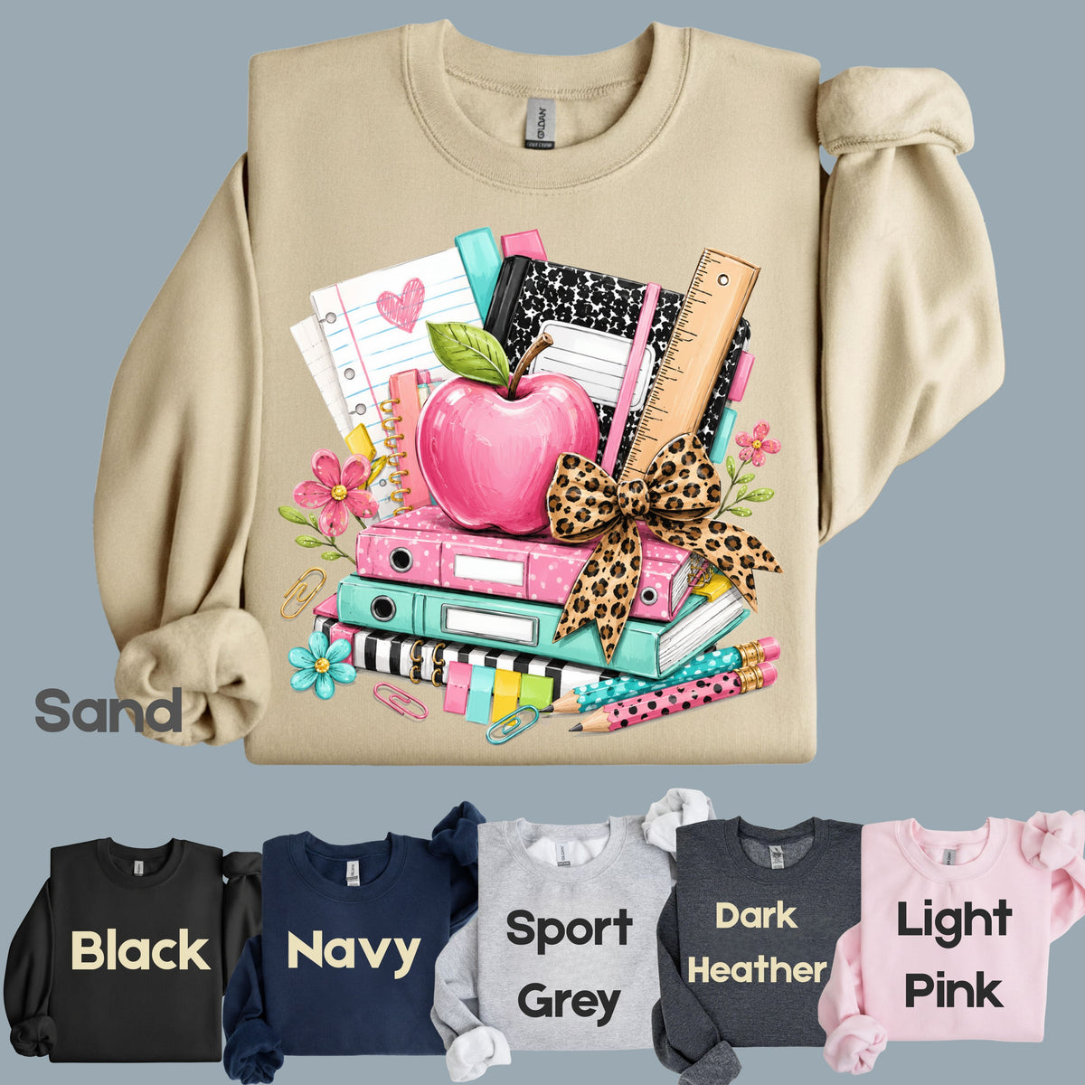 Pink Apple School Supplies T-Shirt, Books Leopard Bow Back to School Teacher Tee