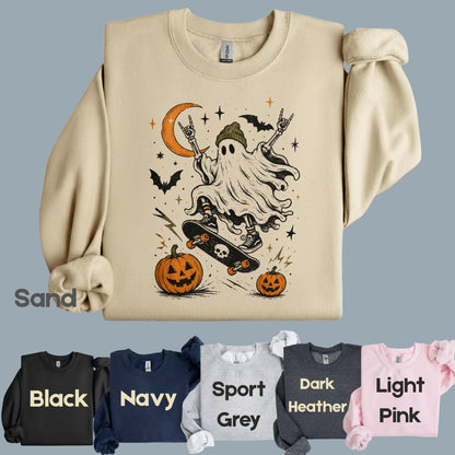 Halloween Skater Ghost Rock On T-Shirt, Skateboarding Skeleton Crescent Moon Pumpkins Bats Tee