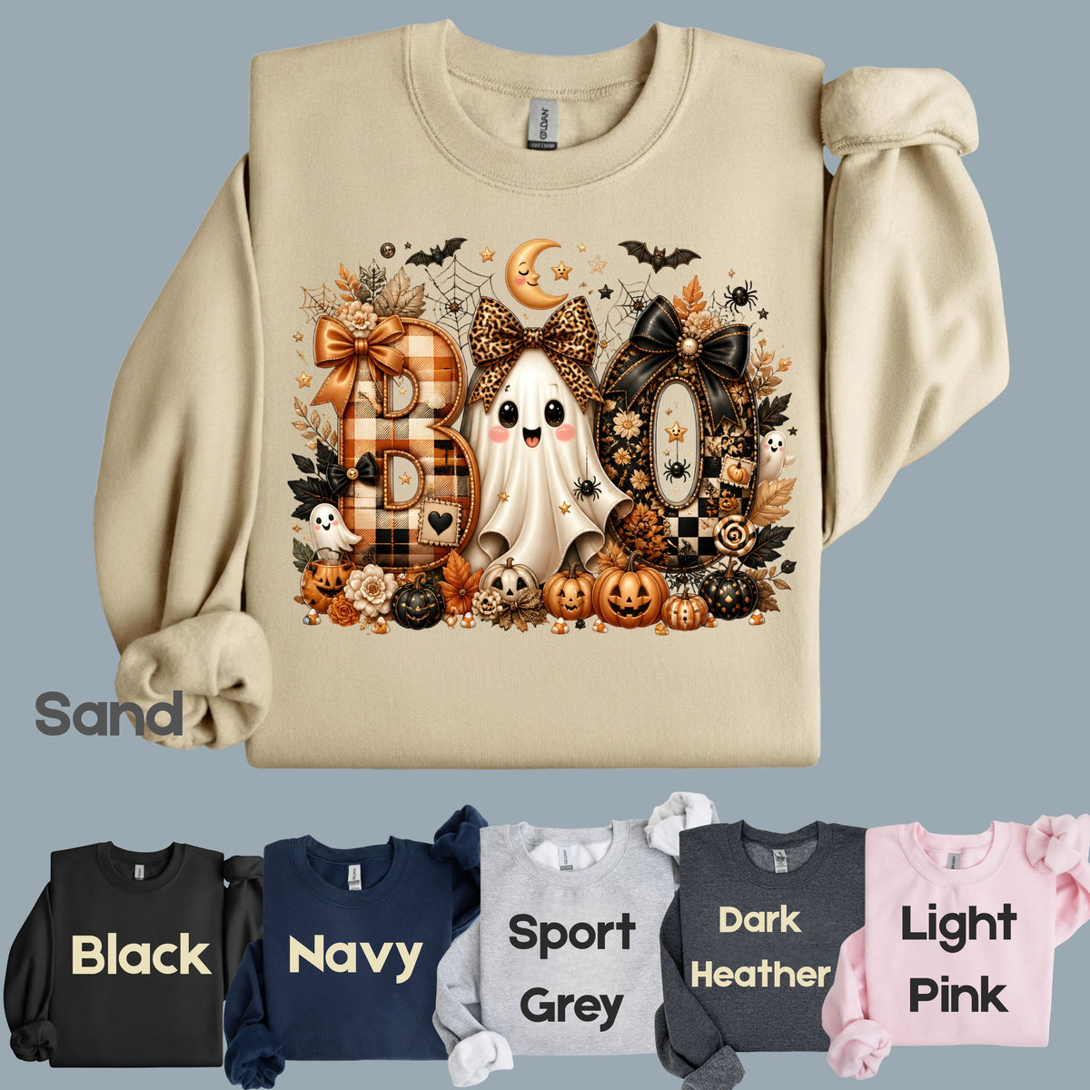 Halloween Boo Ghost T-Shirt, Cute Bows Orange Plaid Leopard Spooky Season Comfort Color Tee