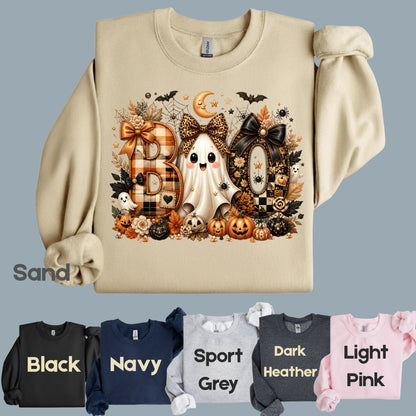 Halloween Boo Ghost T-Shirt, Cute Bows Orange Plaid Leopard Spooky Season Comfort Color Tee