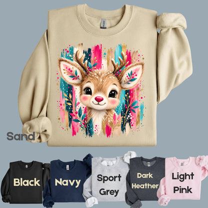 Cute Christmas Reindeer Floral Antlers T-Shirt, Pink Teal Gold Holiday Tee