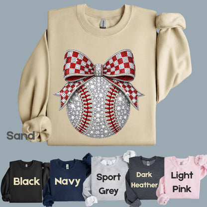 Coquette Baseball Sparkle T-Shirt, Red Checkered Bow Sports Mom Girl Tee