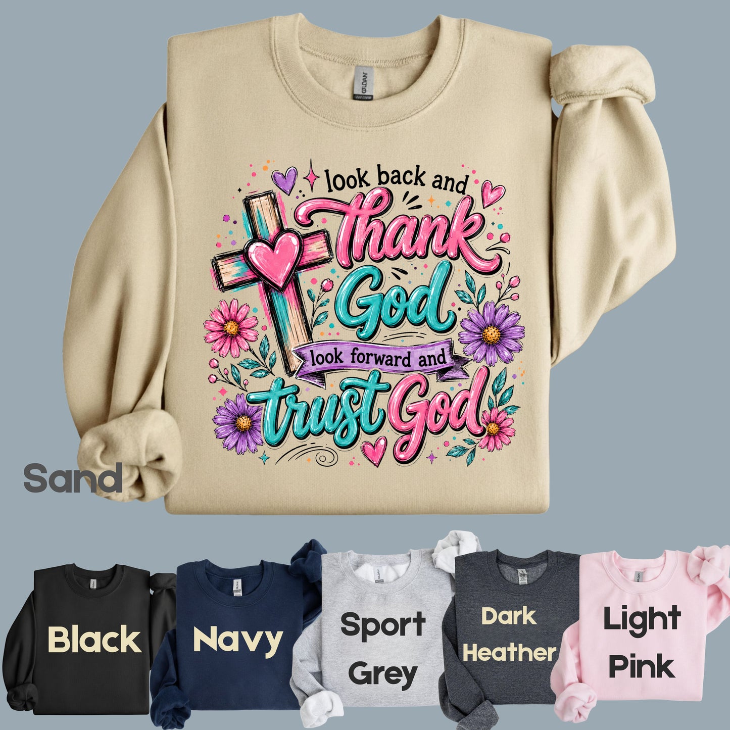 Christian Look Back Thank God T-Shirt, Look Forward Trust God Cross Flowers Tee