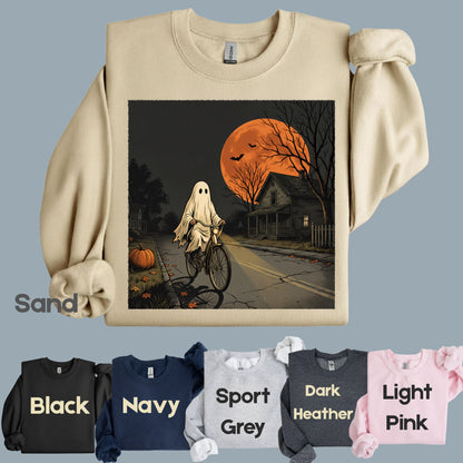 Ghost Riding Bike Halloween T-Shirt, Haunted House Orange Harvest Moon Tee Sweatshirt
