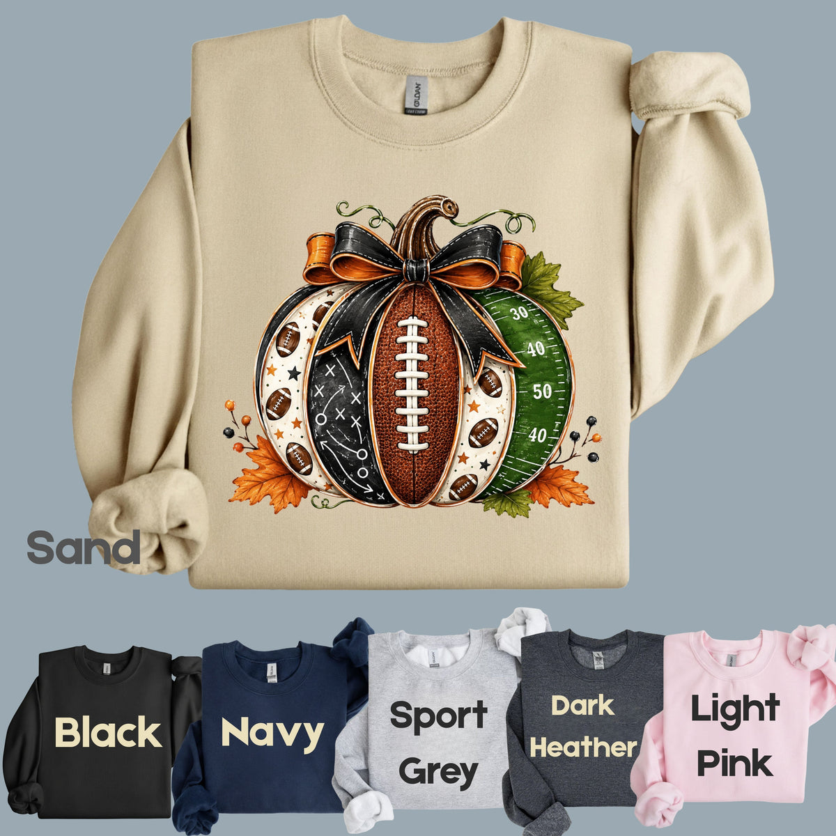 Football Pumpkin Bow Fall T-Shirt, Game Day Football Field Patchwork Autumn Tee