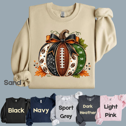 Football Pumpkin Bow Fall T-Shirt, Game Day Football Field Patchwork Autumn Tee