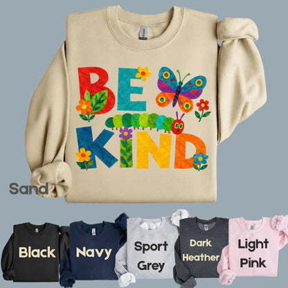 Be Kind Caterpillar Butterfly T-Shirt, Colorful Flowers Storybook Teacher Comfort Color Tee