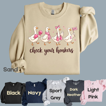 Check Your Honkers Ducks Breast Cancer Awareness T-Shirt, Pink Ribbon Boxing Gloves Geese Tee