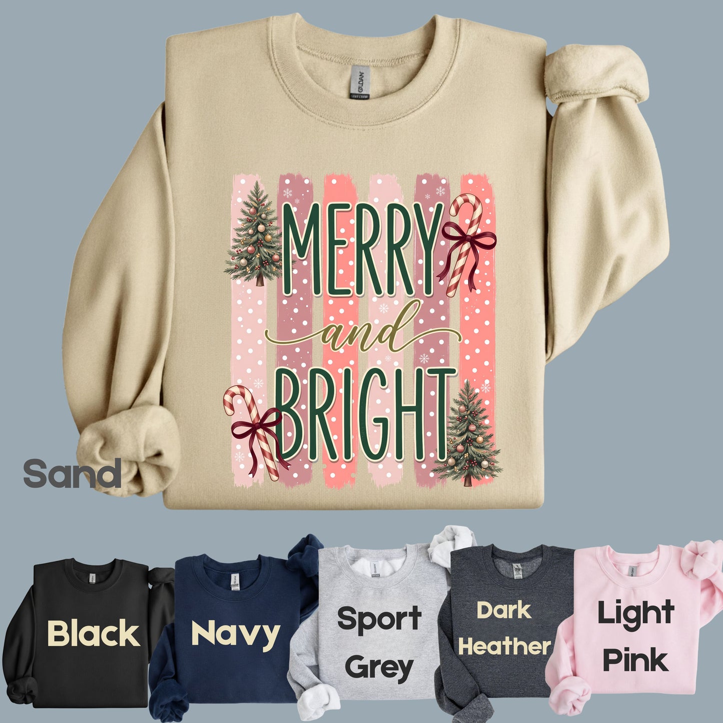 Merry and Bright Comfort Colors T Shirts Cute Christmas Tree Tees Pink Candy Cane Shirt Festive Holiday Winter Graphic Hoodie