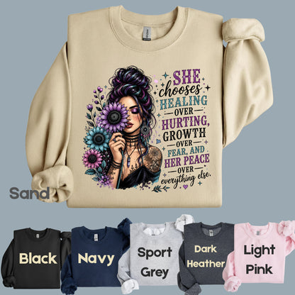 Inspirational Healing Woman She Chooses Healing Over Hurting T-Shirt, Floral Messy Bun Sunflower Tee