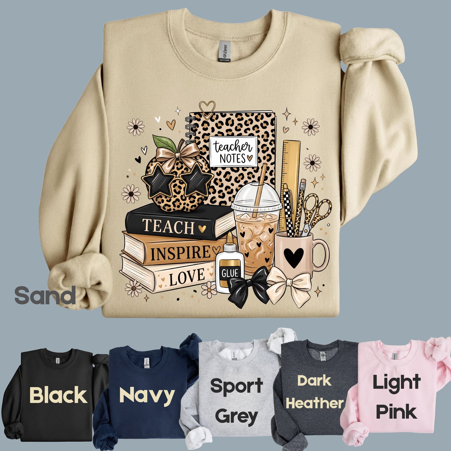 Teach Inspire Love Leopard Teacher T-Shirt, Notebook Coffee Iced Drink Comfort Color Tee