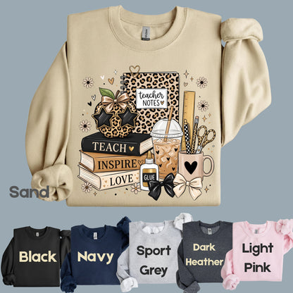 Teach Inspire Love Leopard Teacher T-Shirt, Notebook Coffee Iced Drink Comfort Color Tee