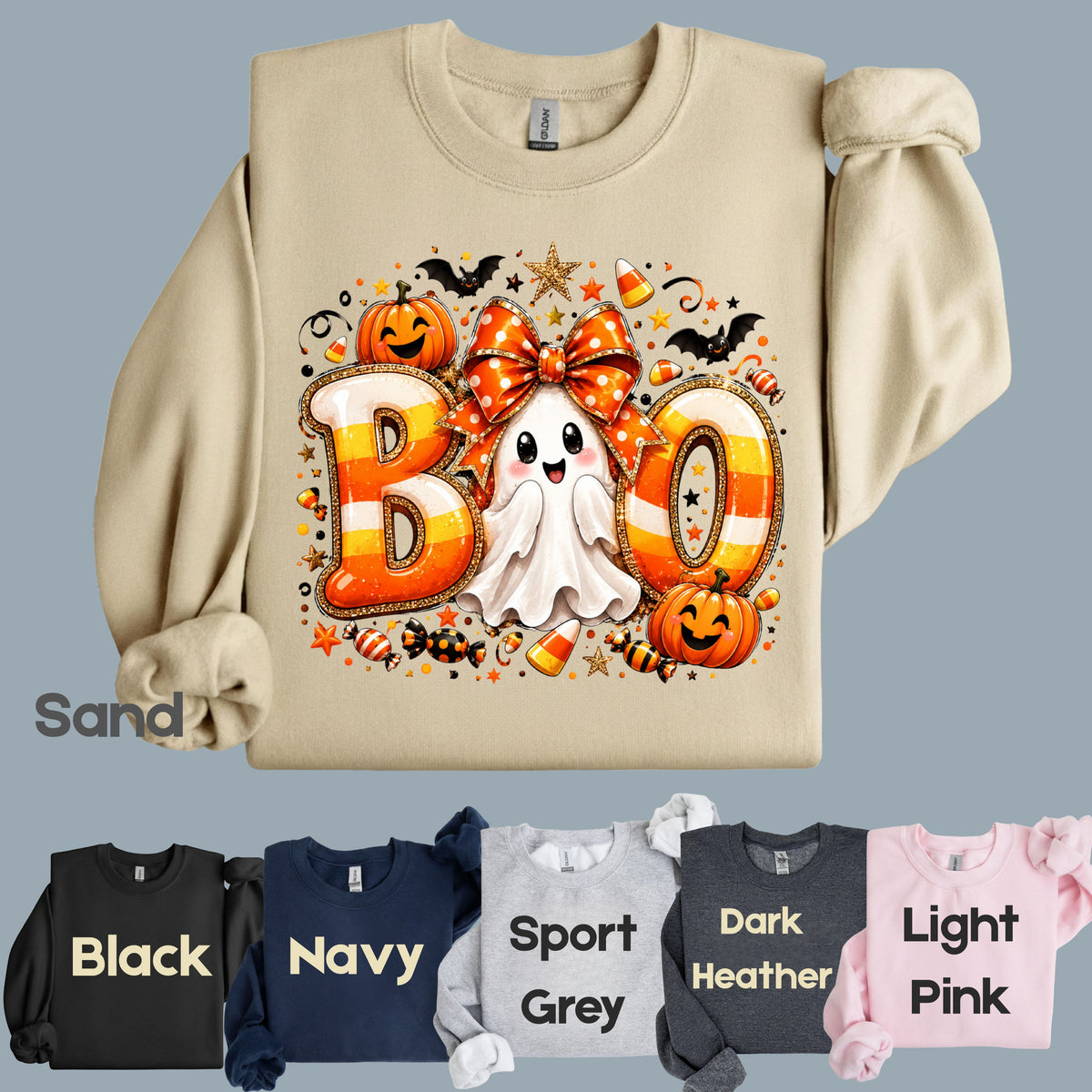 Halloween Boo Ghost Orange Bow T-Shirt, Candy Corn Pumpkin Spooky Season Tee