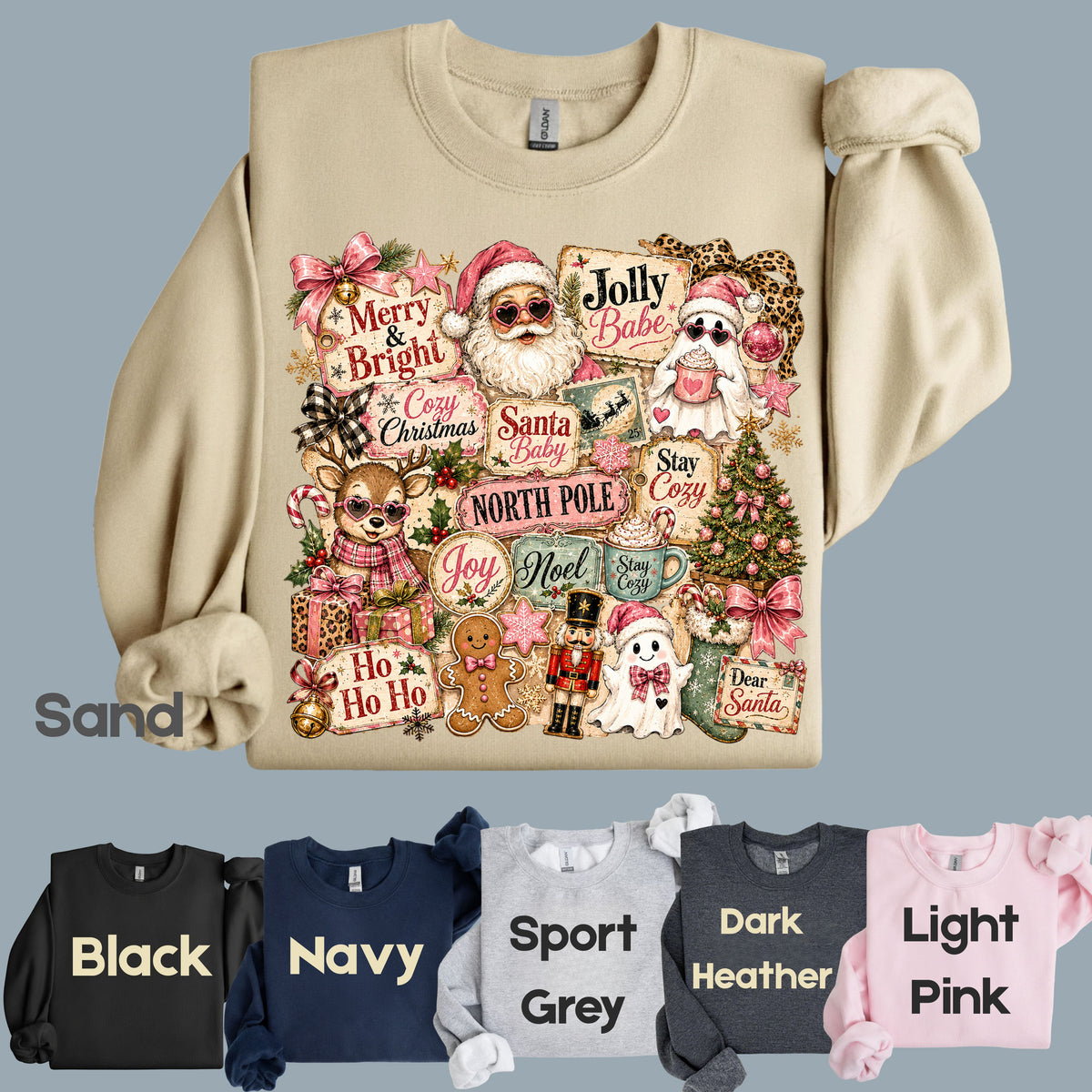 Cozy Pink Christmas Collage T-Shirt, Santa Reindeer Gingerbread Nutcracker North Pole Holiday Tee