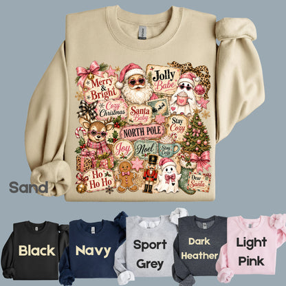 Cozy Pink Christmas Collage T-Shirt, Santa Reindeer Gingerbread Nutcracker North Pole Holiday Tee