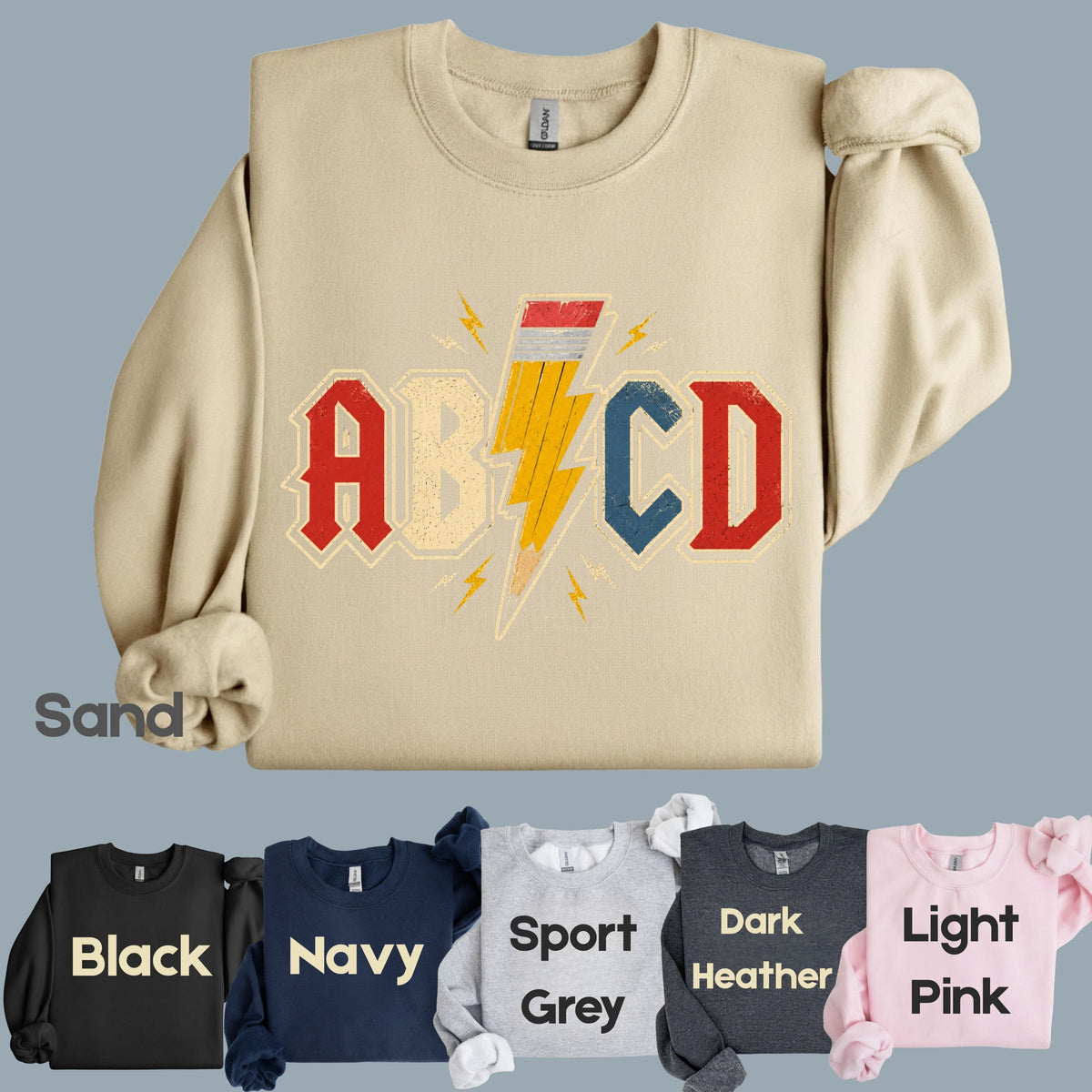 AB CD Lightning Bolt Pencil Teacher T-Shirt, Rock N Roll Back to School Comfort Color Tee