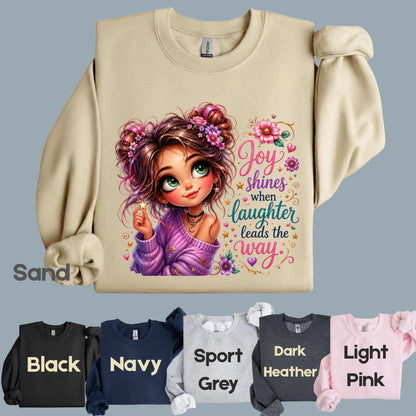 Joy Shines Laughter Space Buns Girl T-Shirt, Cute Floral Quote Tee