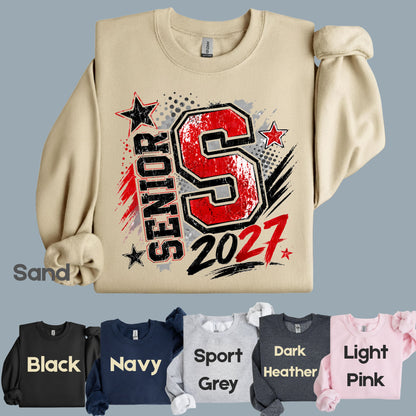 Senior 2027 Class of 2027 T-Shirt, Red Black Distressed Letter Graduation Tee