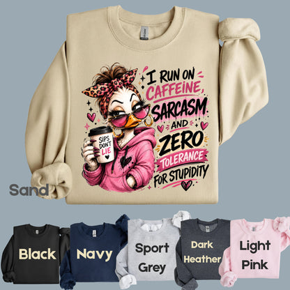 Funny Duck Caffeine T-Shirt, I Run on Caffeine Coffee Messy Bun Leopard Bow Women Tee
