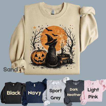 Halloween Black Cat Witch T-Shirt, Full Moon Pumpkin Spooky Vintage Books Magic Tee